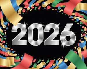 Shiny metallic 2026 numbers surrounded by a vibrant swirl of colorful confetti and streamers on a black background