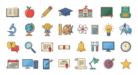 Diverse collection of educational icons representing various school subjects and tools illustration