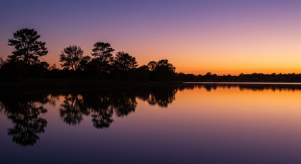 Obraz premium Tranquil water reflects colorful twilight sky behind silhouetted trees along the horizon
