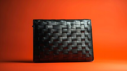 Sleek black woven leather pouch with a sophisticated square textured design, offering modern elegance on a vibrant orange backdrop