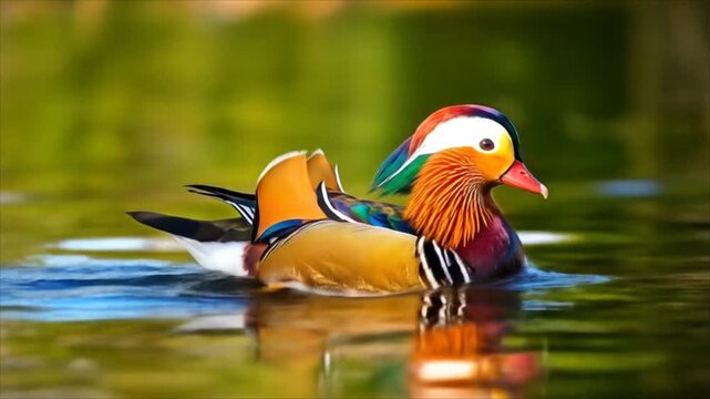 Colorful mandarin duck swimming on water surface with reflections in natural environment day