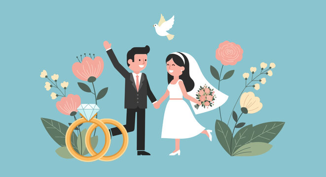 Delightful wedding illustration featuring a happy couple surrounded by flowers and love