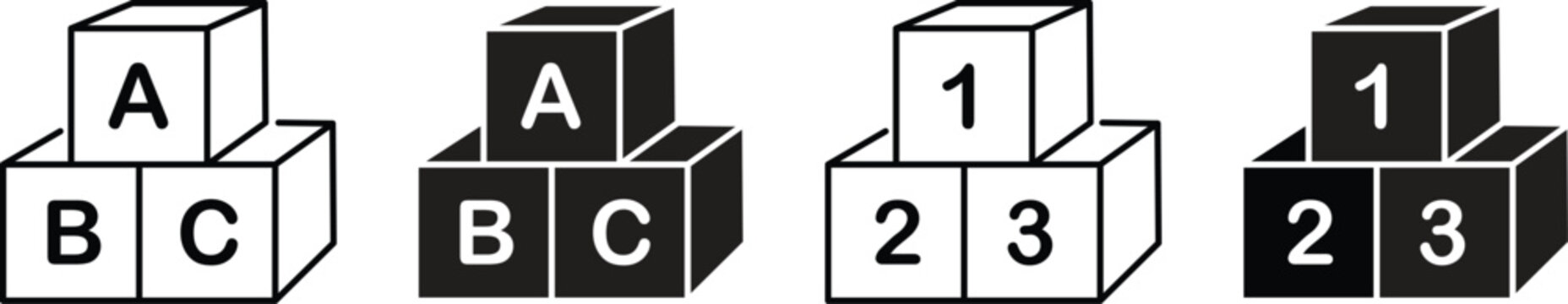 Preschool number 123 and ABC blocks icons set. Preschool learning, childhood, education, concept. 3d render illustration isolated on transparent background. Education cubes for creative design.