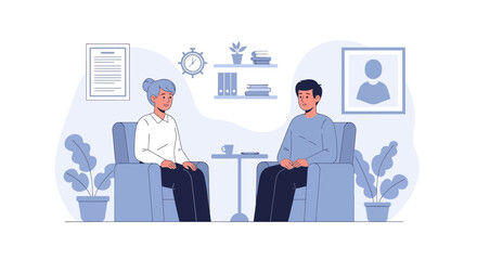 Illustration of a therapy session with a therapist and a patient discussing issues