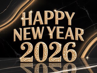 Sparkling golden illuminated text proclaiming happy new year 2026 against a dark luxurious background with flowing golden lines