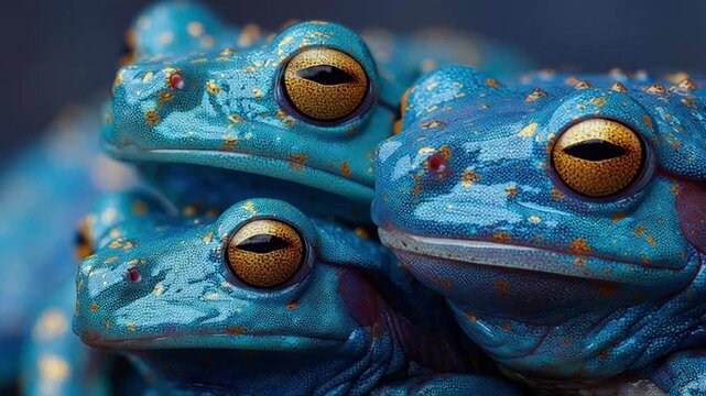 Three vibrant blue frogs with golden speckles, their golden eyes gleaming, creating a mesmerizing natural wonder in a tropical rainforest setting