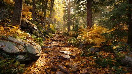 Sunlight streams through a vibrant autumn forest path with fallen leaves
