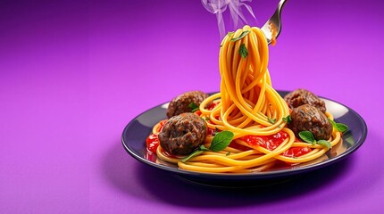 Beautiful spaghetti and meatballs plated neatly on a vivid purple background with glossy sauce finish lush herb accents warm drifting steam and refined lighting crafted for bold stylish gourmet imager