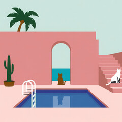3d rendered minimalist pool scene with cats 