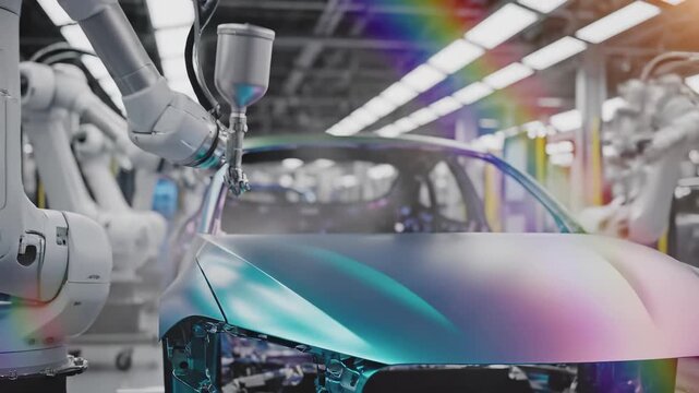 Robotic arms apply colorful paint coating to vehicle body in automated automotive assembly line. Advanced industrial robots perform precision spray painting operations with cyan and purple