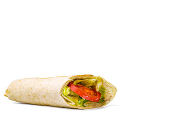 A close-up of a fresh vegetable roll in a wheat tortilla on a white background. Fresh ingredients include lettuce, tomatoes, and sauce. Minimalistic composition.