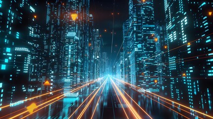 “Futuristic big-data technology cityscape with tall skyscrapers, glowing particle codes, luminous data streams, and fiber-optic light trails symbolizing advanced organizational digital systems.”