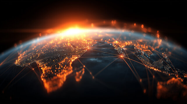Global data network connections spanning the planet and symbolizing worldwide communication infrastructure and digital trade.
 - Powered by Adobe