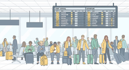 Stylized illustration depicting passengers waiting in an airport terminal near flight arrival and © Sifaul