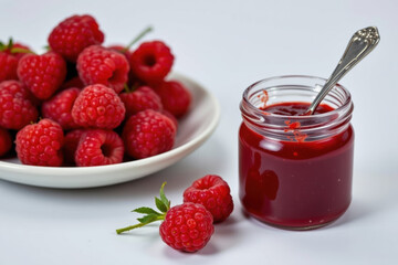Raspberry jam in glass jar with spoon and fresh raspberries on white plate and surface, vibrant red color and natural texture