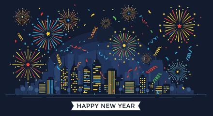 Festive new year's eve celebration with vibrant fireworks over city skyline illustration