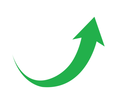Upward trending green arrow curving gracefully against a black background symbolizing growth on transparent background