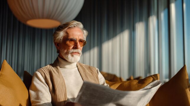 Elderly man sitting on a couch, reading a newspaper. he is wearing a beige sweater and has a white beard and mustache.