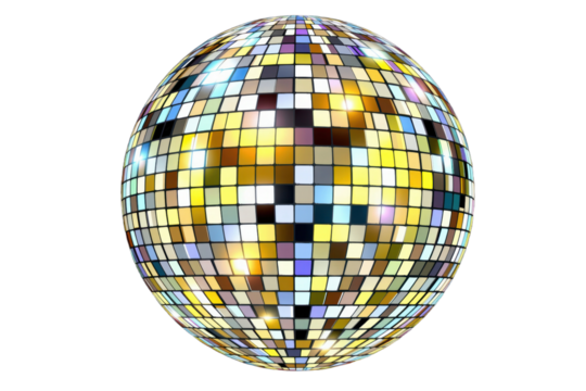 Disco ball with reflective square tiles shining gold, silver, and blue colors transparency background, creating festive mood