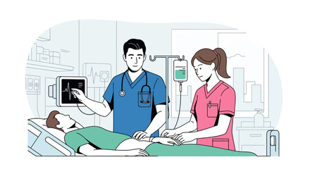 Medical team taking care of patient in hospital emergency room illustration