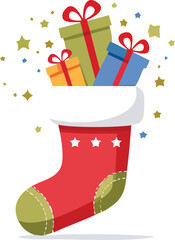 Festive Christmas Stocking Overflowing with Holiday Gifts and Confetti