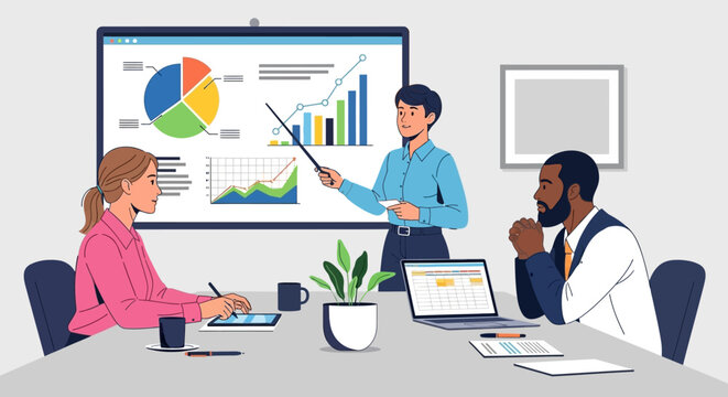 Diverse team collaborating on data analysis and strategic planning in a business setting