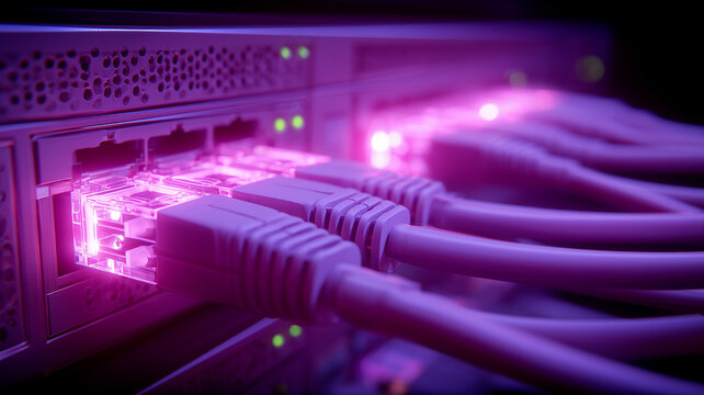 Data center connectivity concept with network cables plugged into a server switch, illustrating fast digital communication and reliable online infrastructure for modern businesses.
