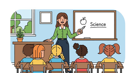 Charming illustration of a teacher imparting science knowledge to a class of attentive students in