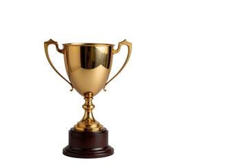 Fototapeta premium Golden trophy cup with handles on black base, symbol of victory and achievement shining brightly