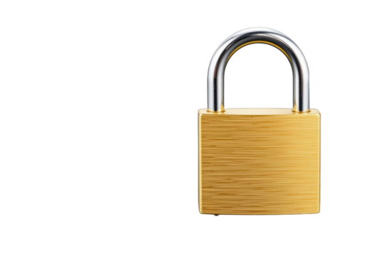 Golden padlock with silver shackle isolated on transparency background, symbolizing security and protection