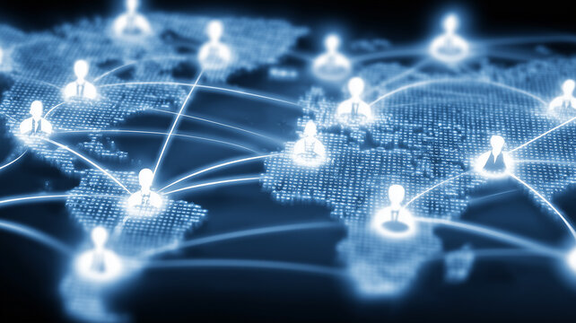Global business network concept with human icons connected across a digital world map, symbolizing international collaboration, remote teamwork and worldwide communication between professionals.
