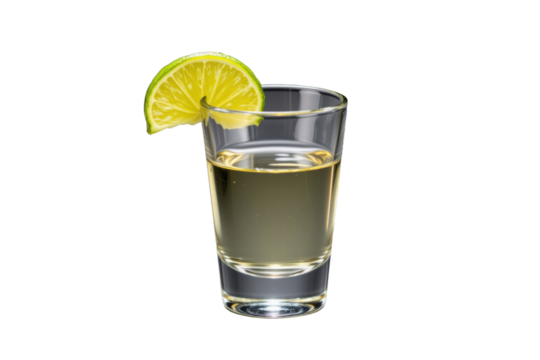 Shot glass with clear golden liquid and fresh lime slice on rim isolated on transparency background, refreshing drink concept