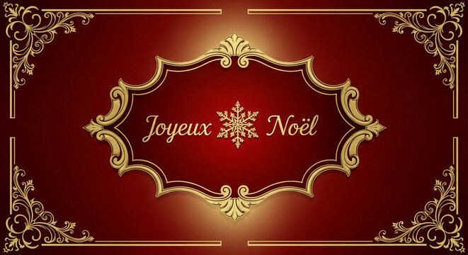 Elegant red background with golden decorative frame and ornaments, showcasing seasonal greeting, ideal for festive celebrations, luxury, and holiday wishes