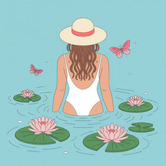 Serene woman in water with water lilies