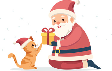 Cute Cat Receives Christmas Gift from Santa Claus - Flat Vector Illustration