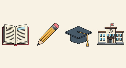 Hand drawn illustrations depicting education elements like book pencil graduation cap and school