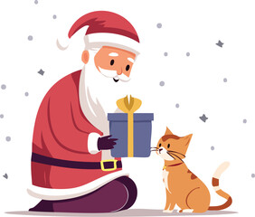 Santa Claus Giving a Christmas Gift to a Cute Cat