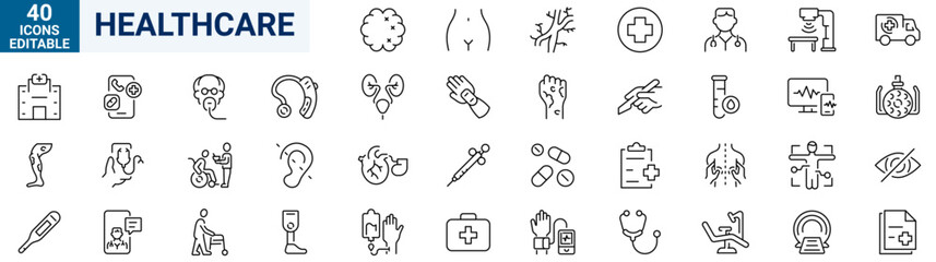 Healthcare related line icon set. Medicine and Health Care symbols. Emergency, medical equipment, doctor, lab, virus, prescription. Editable stroke