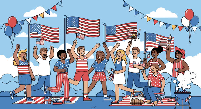 Celebrating Independence Day: A vibrant cartoon illustration of a festive patriotic gathering
