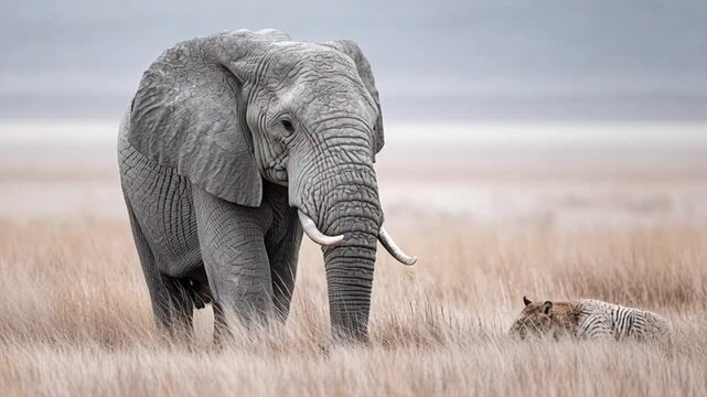 Magnificent elephant with a slumbering tiger in the golden savanna grass, a captivating wildlife scene highlighting nature's coexistence, tranquility, beauty