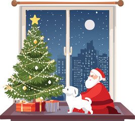 Christmas Night Window View with Festive Tree and Dog