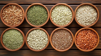 Top down view of healthy food bowls with mix of grains