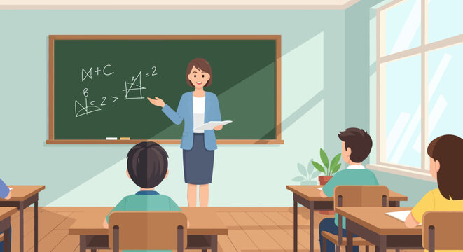 Illustration of a female teacher explaining math problems in a classroom setting to students