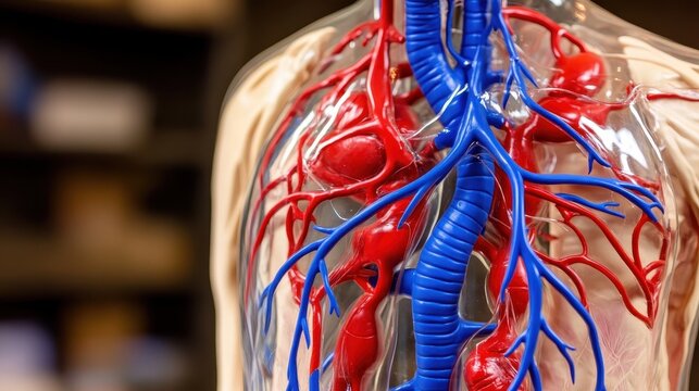 Transparent anatomical model of the human circulatory system close up