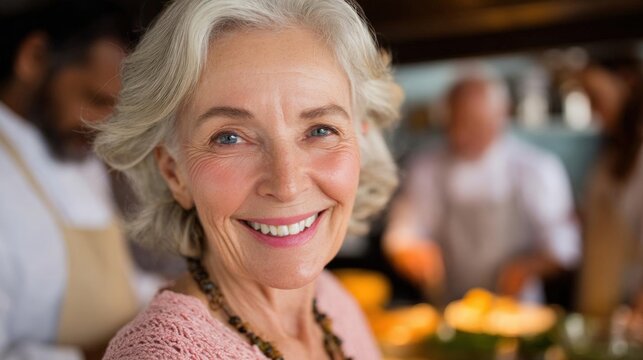 Close-up portrait of an elderly woman with short white hair. she is smiling widely and looking directly at the camera. she appears to be in her late 60s or early 70s.