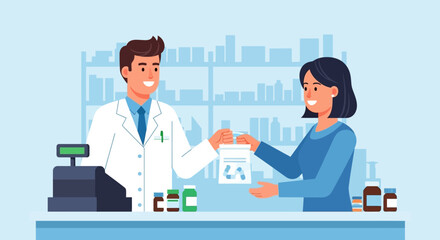 Professional pharmacist handing over medication to a customer in a modern pharmacy setting