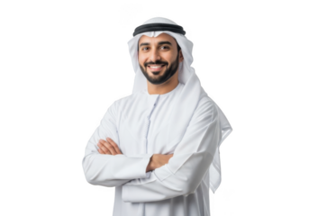 A smiling arab man wearing traditional white thobe and ghutra with arms crossed isolated on transparent background