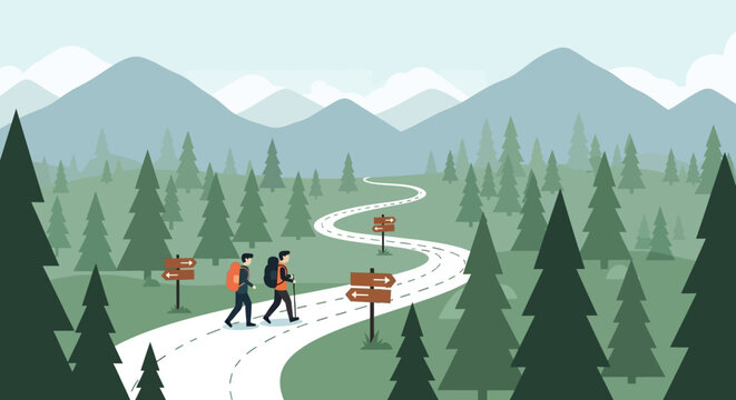 Two hikers explore a scenic mountain trail amidst nature's beauty and serenity, embracing outdoor