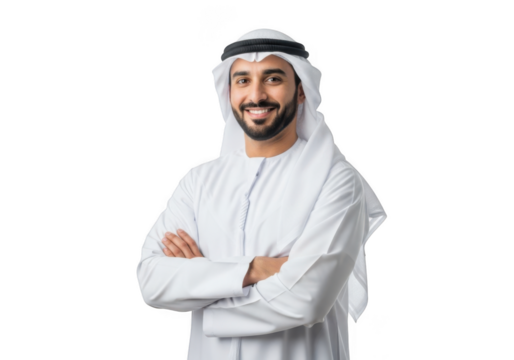 A smiling arab man wearing traditional white thobe and ghutra with arms crossed isolated on transparent background