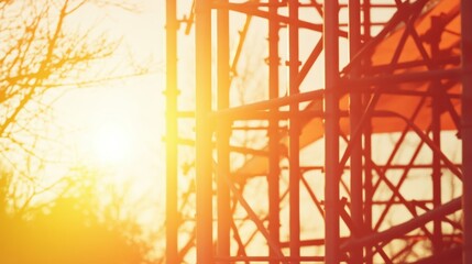 Twisted metal scaffolding forms the skeletal structure against a bright orange sunlit sky